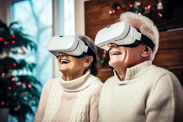 Małżeństwo seniorów świętuje Boże Narodzenie w okularach wirtualnej rzeczywistości