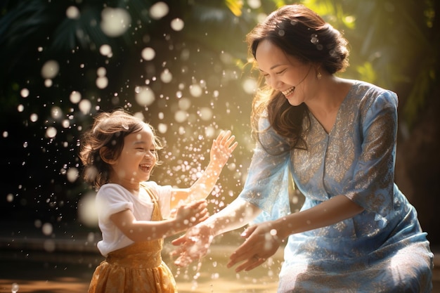 Mama bawi się w wodę z córką w dzień Songkran