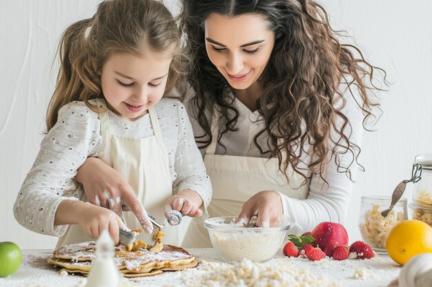 Mama i córka gotują z ciasta produkty piekarskie Gotują danie