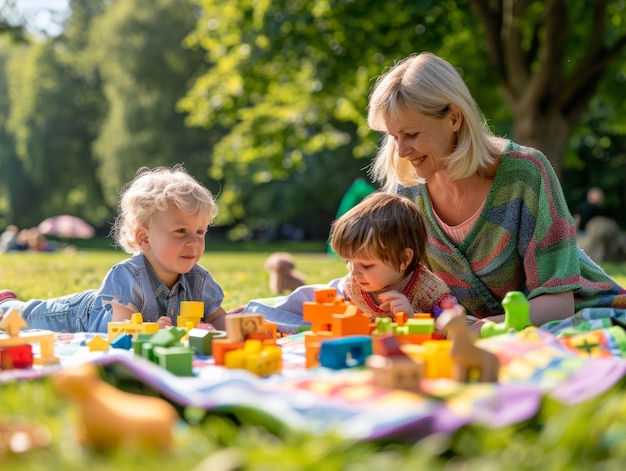 Zdjęcie mama i dwoje dzieci leżą na koce w parku bawiąc się blokami w słoneczny dzień