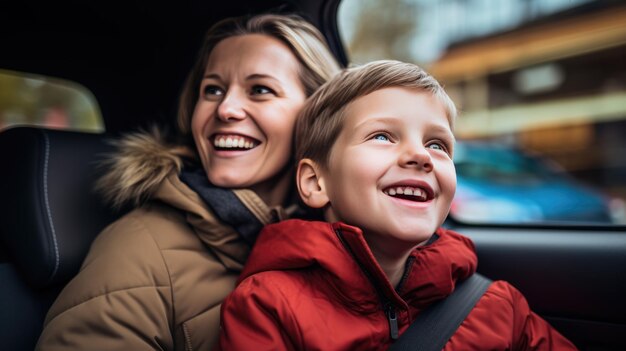 Mama i dziecko jadą w samochodzie, śmiejąc się i szeroko uśmiechając podczas podróży. Stworzono przy użyciu technologii generatywnej sztucznej inteligencji