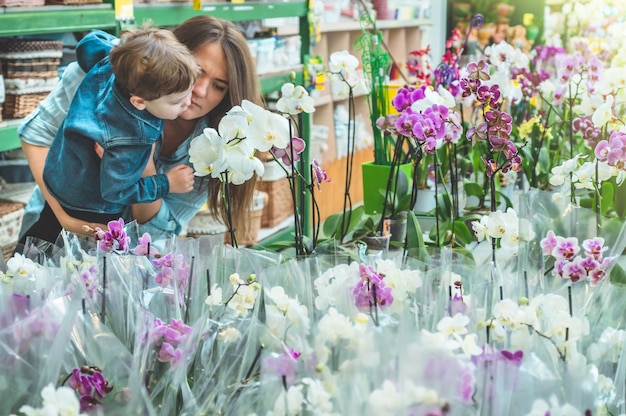 Mama I Jej Synek, Klient, Pachnący Kolorowymi Kwitnącymi Orchideami W Sklepie. Ogrodnictwo W Szklarni. Ogród Botaniczny, Hodowla Kwiatów, Koncepcja Przemysłu Ogrodniczego