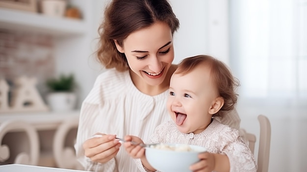 Mama karmi dziecko w kuchni.