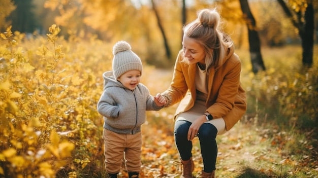 Mama z dzieckiem w parku jesieniowym