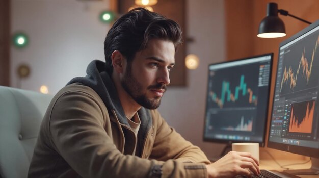 Man analyzing stock charts on computer monitors