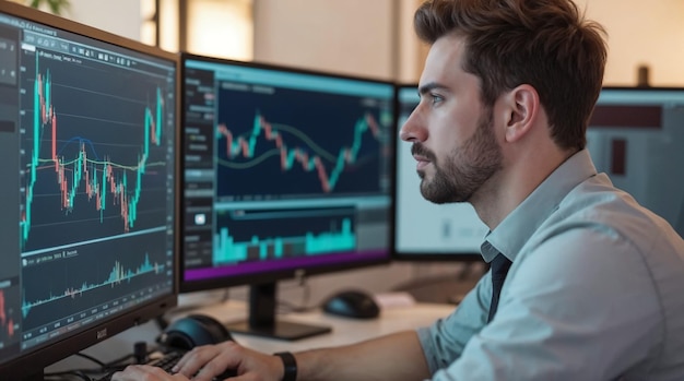 Man Analyzing Stock Charts on Multiple Computer Monitors