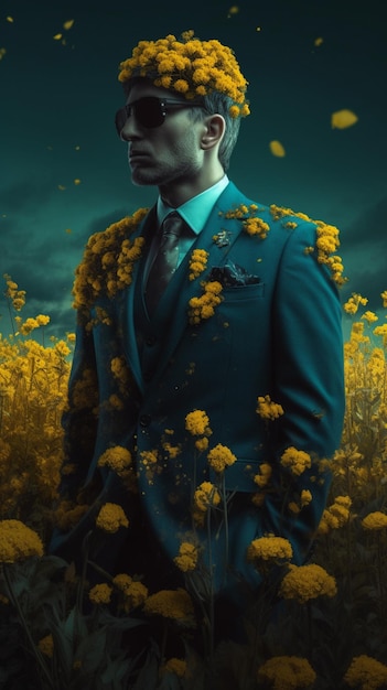 Man wear suit tie fill with flowers illustrationobraz sztuka generowana przez sztuczną inteligencję