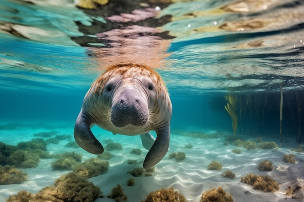 Manatee pływa pod wodą na Bahamach
