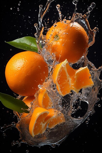 Mandarynki i pomarańcze z liśćmi w rozpryskach wody na czarnym tle Generatywna sztuczna inteligencja