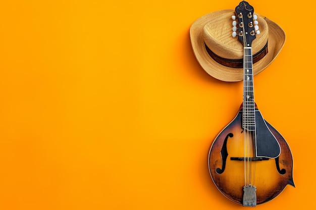 mandolina i słomkowy kapelusz pomarańczowy tło studia