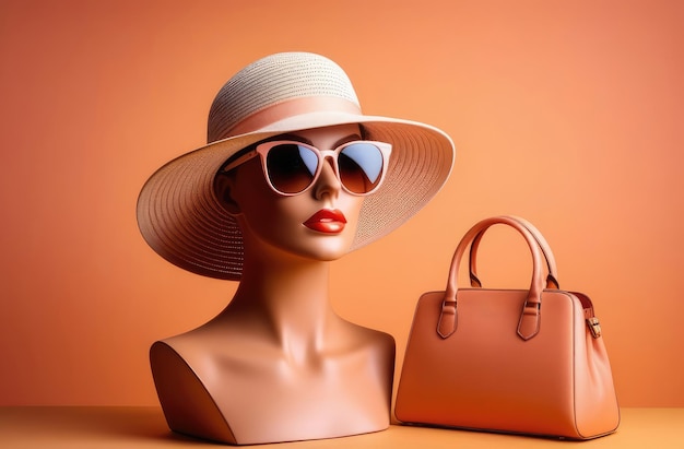 manekin kobiety z torebką okulary przeciwsłoneczne i kapelusz na brzoskwiniowym tle kolekcja mody