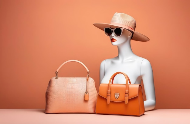 manekin kobiety z torebkami, kapeluszem i okularami przeciwsłonecznymi na kolorze brzoskwiniowym tle kolekcja mody