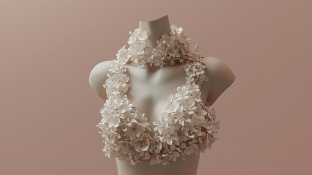 Manekin przedstawiający białą sukienkę ozdobioną pięknymi kwiatami, dodając dotyku elegancji