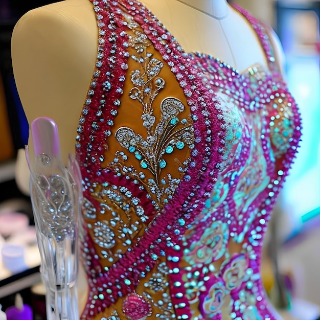 Manekin z kolorową sukienką z kryształkami.
