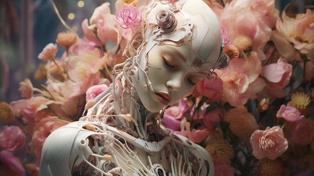 Zdjęcie manekin z twarzą pokrytą kwiatami.