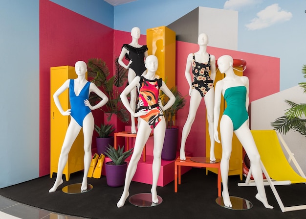Manekiny w kolorowych strojach kąpielowych w sklepie odzieżowym lato wakacje modelka kolorowe wakacje con