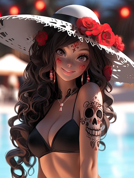 Manga anime uśmiechnięta piękność, gorąca dziewczyna, dzień dla martwej, cukrowej czaszki, makijaż dia de muertos nosić bikini