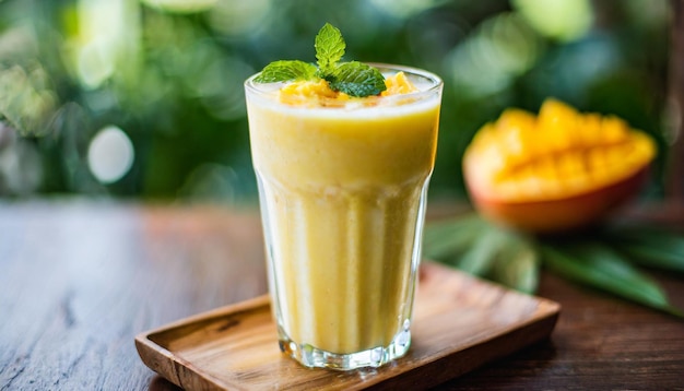 mango lassi na rusztycznym stole z żywymi żółtymi odcieniami ozdobionymi liśćmi mięty