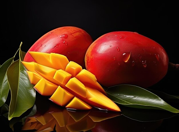 Zdjęcie mango z skórką i liśćmi na białym tle