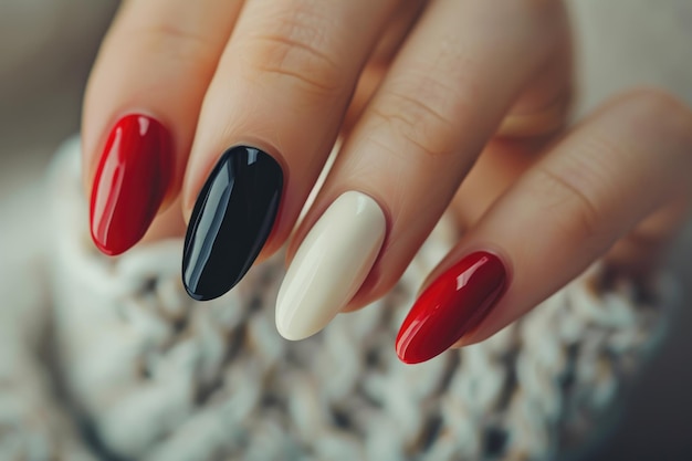 Manicure paznokci z czerwonym, białym i czarnym lakierem