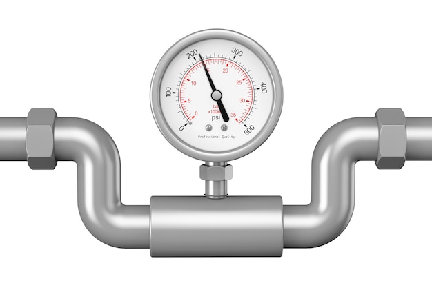 Manometr manometru w rurach przemysłowych na białym tle. Renderowanie 3D.