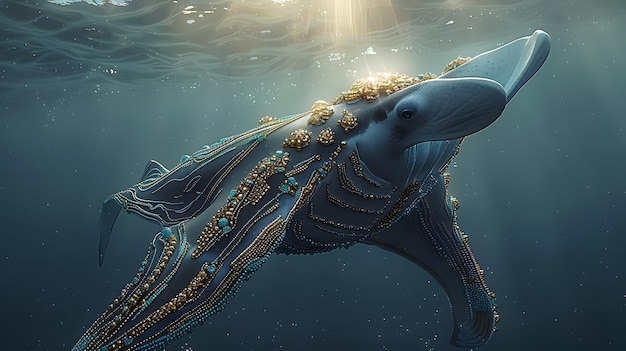 Manta ray jest ozdobiona złotymi i turkusowymi klejnotami pływając wdzięcznie w głębokim morzu