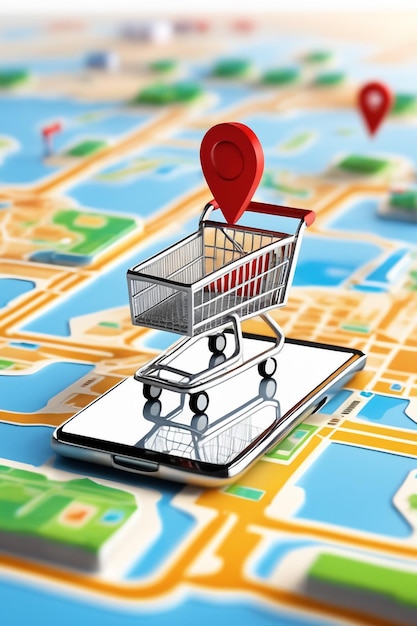 Zdjęcie mapa 3d i wózek supermarketowy z ikoną lokalizacji zakupów w tle 3d mapa zakupów