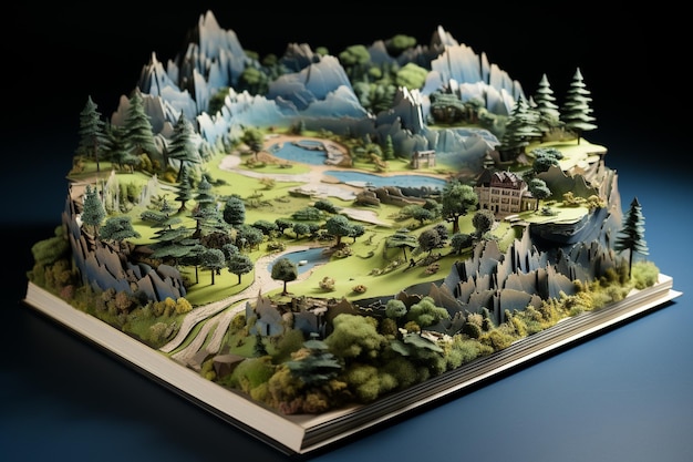 Mapa 3D na książce z płaskim niebieskim tłem