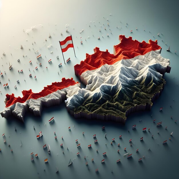 Zdjęcie mapa austrii z machającą flagą kraju realistyczne zdjęcie