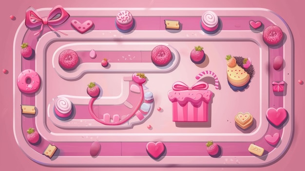 Zdjęcie mapa drogowa z wskaźnikami poziomu na różowym tle ilustracja kreskówkowa projektu gui z słodyczami, ciastami i cukierkami