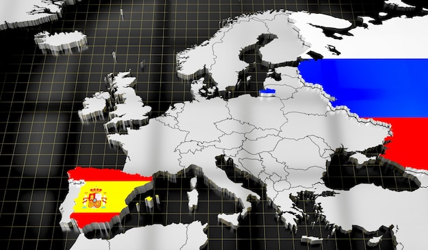 Mapa Europy flagi Hiszpanii i Rosji ilustracja 3D