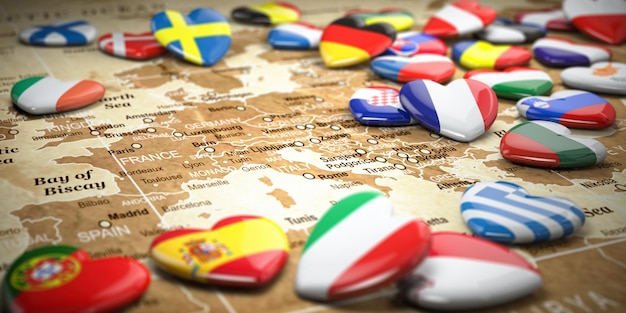 Mapa Europy i serca z flagami krajów europejskich Podróże i turystyka do koncepcji UE Unii Europejskiej