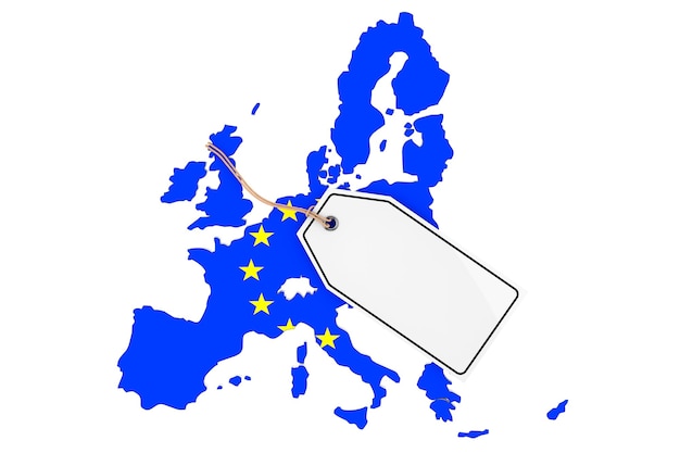 Mapa Europy z flagą i pustym znacznikiem sprzedaży na białym tle. Renderowanie 3D