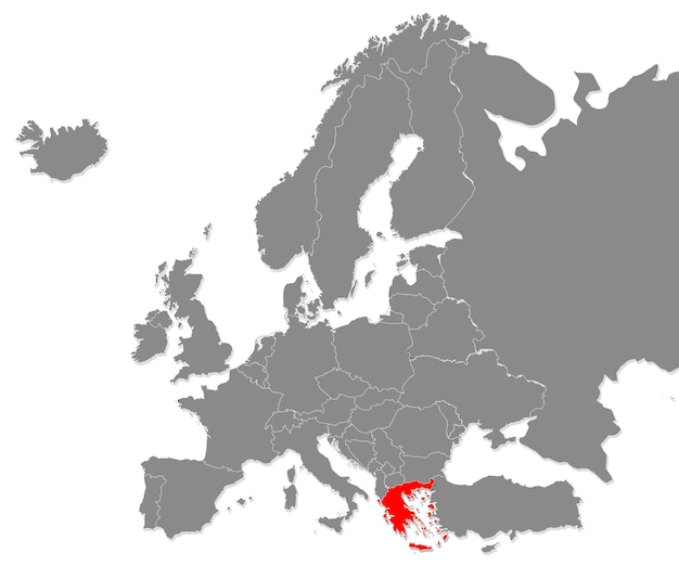 Mapa Grecji podświetlona na czerwono na mapie Europy