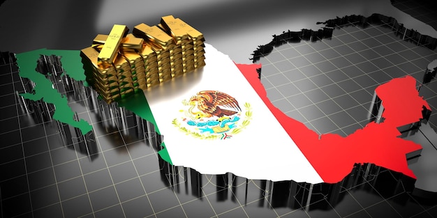 Mapa Meksyku i flaga sztabki złota ilustracja 3D