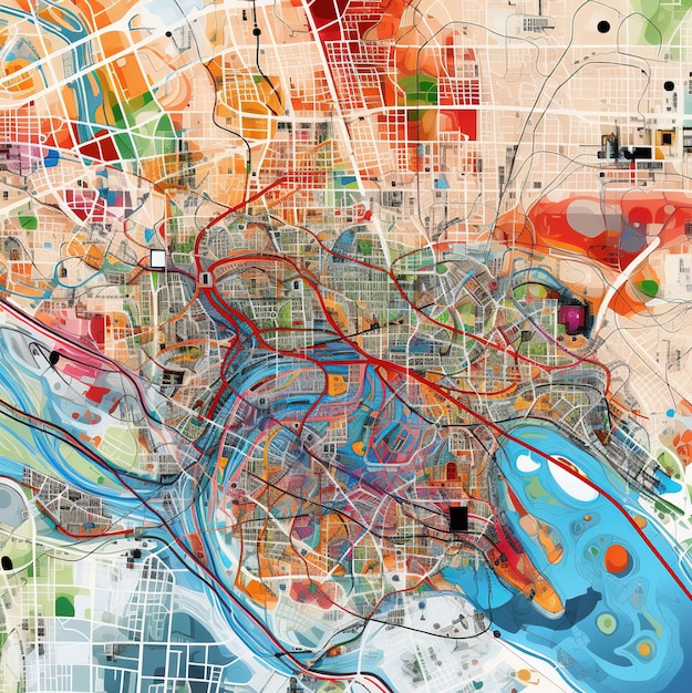 Zdjęcie mapa miasta z wieloma różnymi kolorowymi kwadratami.