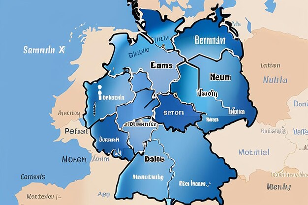 Zdjęcie mapa niemiec z głównymi miastami w kolorze niebieskim