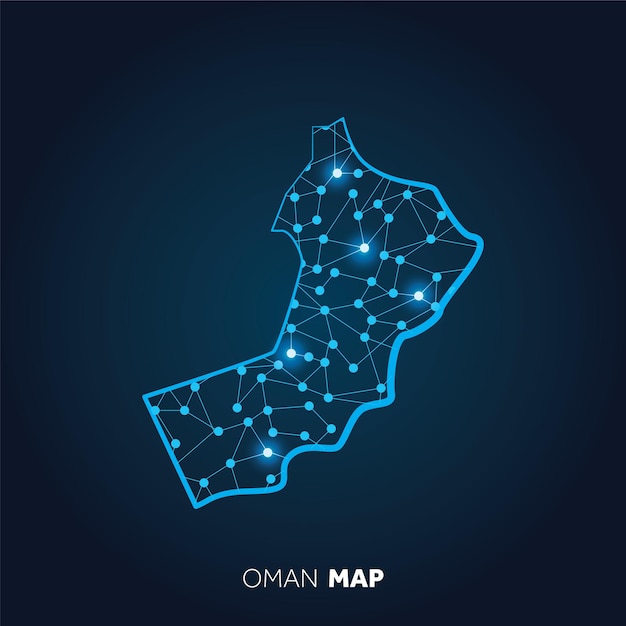 Mapa Omanu z połączonymi liniami i świecącymi kropkami