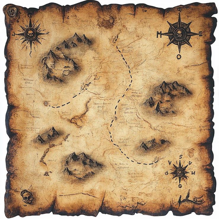 Zdjęcie mapa piratów ze starymi pergamentami, tajemniczymi symbolami i trasą oznaczoną kropkowaną linią.