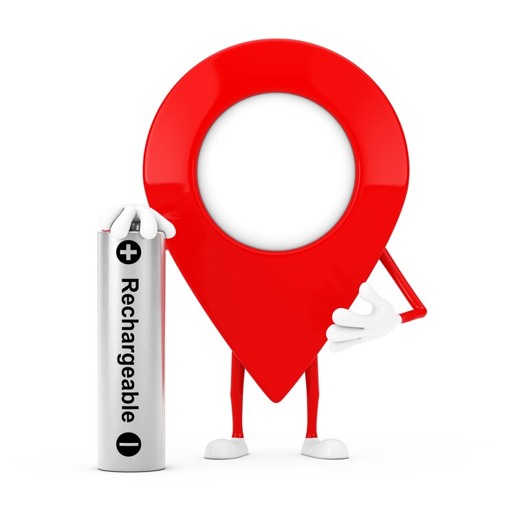 Zdjęcie mapa pointer pin charakter maskotka z akumulatorem na białym tle. renderowanie 3d