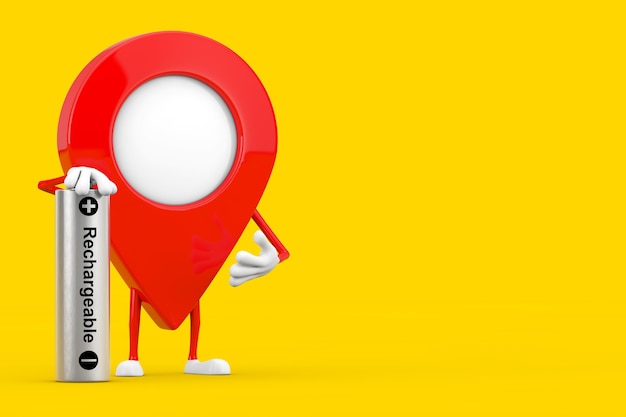 Mapa Pointer Pin charakter maskotka z akumulatorem na żółtym tle. Renderowanie 3D