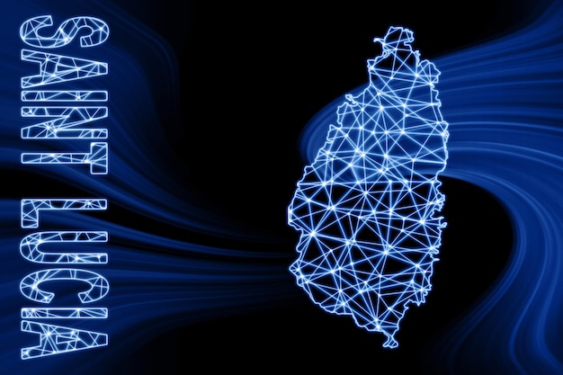 Mapa Saint Lucia, wielokątna mapa linii siatki, niebieska mapa na ciemnym tle