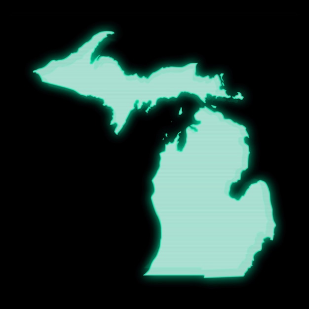 Mapa stanu Michigan, stary zielony ekran terminala komputera, na ciemnym tle