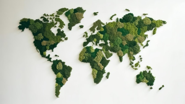Mapa świata ekologicznego wykonana z zielonych liści Na białym tle Generatywne ai