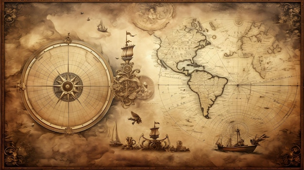 mapa świata i kompas na górze