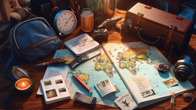 mapa świata i książka na stole