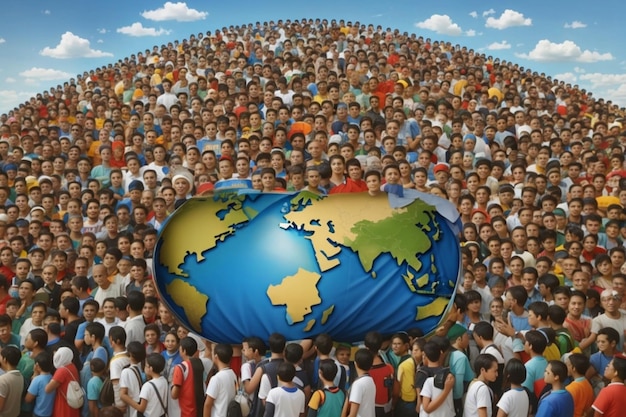 Zdjęcie mapa świata jest trzymana w tłumie ludzi.