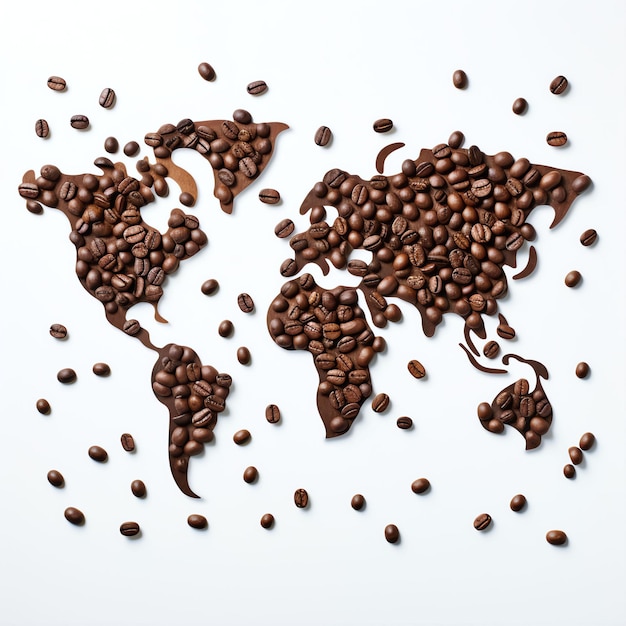 mapa świata na białym tle ziaren kawy