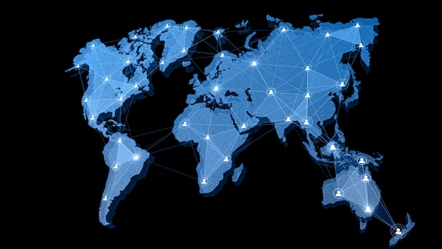 Mapa świata struktury połączenia sieciowego z ikonami użytkowników