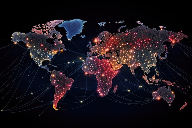 Mapa świata świecąca na ciemnym tle Globalna koncepcja biznesowa Renderowanie 3D Mapa sieci komunikacyjnej świata Wygenerowano sztuczną inteligencję